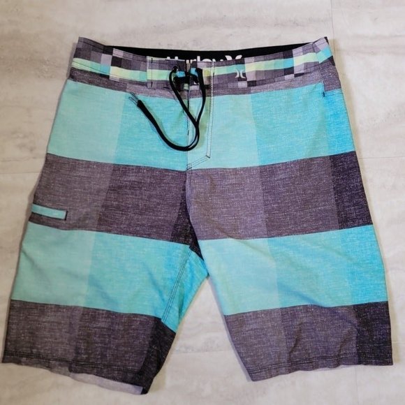 Hurley Buckle Gray Blue Green Logo Pattern Board Shorts Approx. Size 36 - Picture 1 of 5